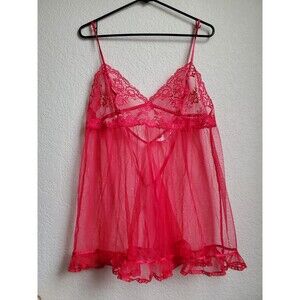 Victoria's Secret Babydoll Women Small Red Lace Bow Slip Dress Sheer Cami Ruffle